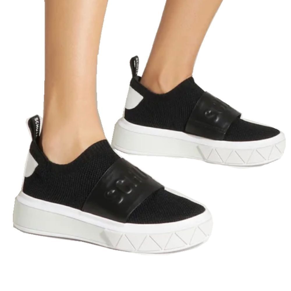 Schutz - Tennis Platform Shoes w/ Logo Strap, Knit, Slip On - Size 7.5, Black